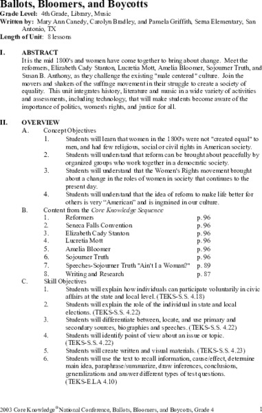Ballots, Bloomers and Boycotts Unit Plan