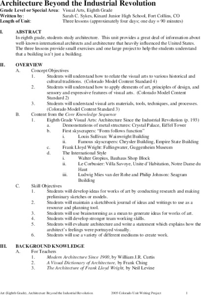 Architecture Beyond the Industrial Revolution Unit Plan