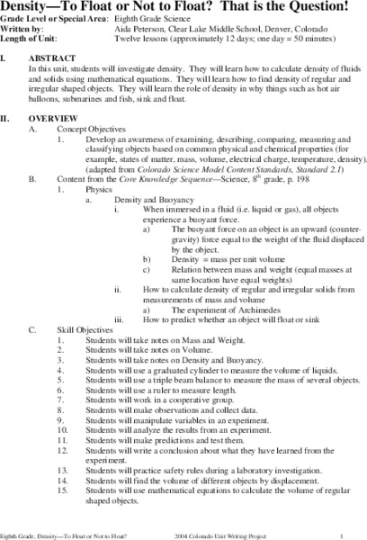 Density - To Float or Not to Float? That is the Question! Unit Plan