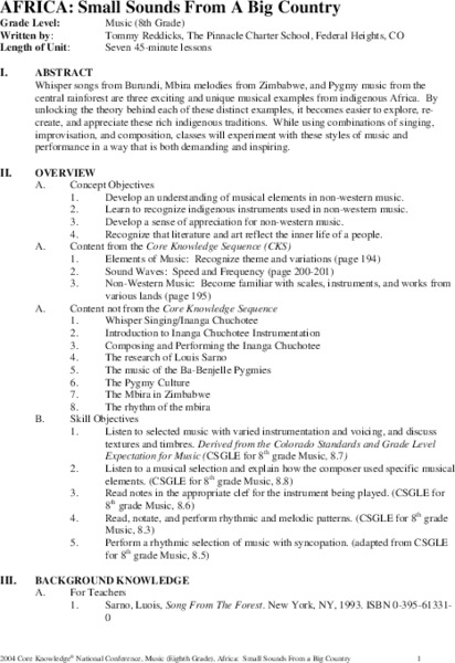 Africa: Small Sounds From a Big Country Unit Plan