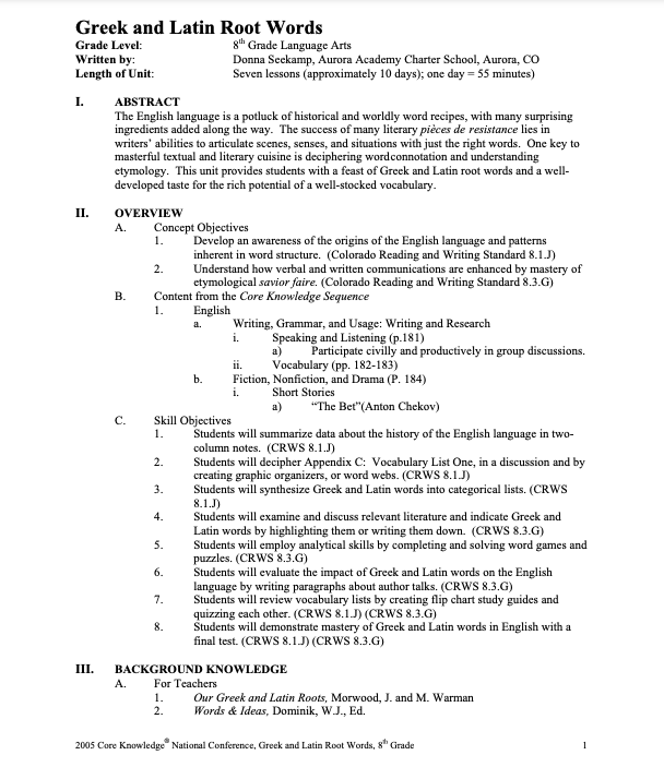 Greek And Latin Root Words Unit Plan