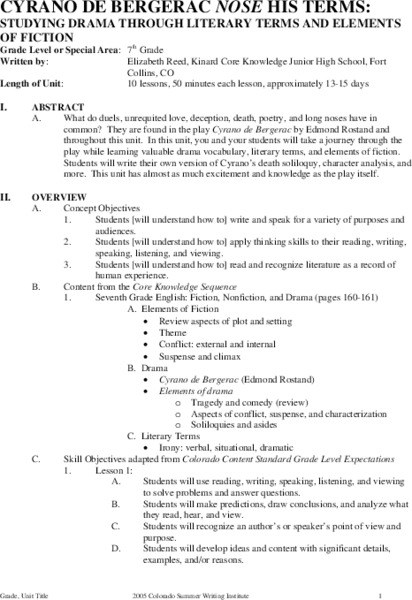 Cyrano de Bergerac Nose His Terms Unit Plan