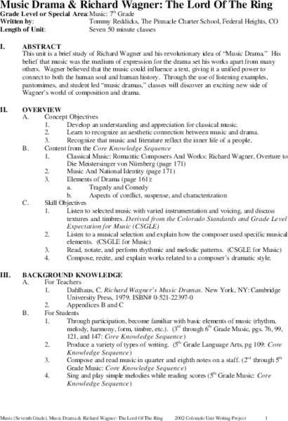 Music Drama & Richard Wagner: The Lord Of The Ring Unit Plan