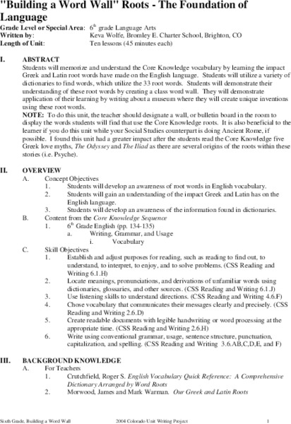 "Building a Word Wall" Roots - The Foundation of Language Unit Plan