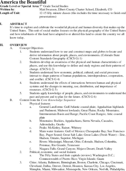 America the Beautiful Unit Plan