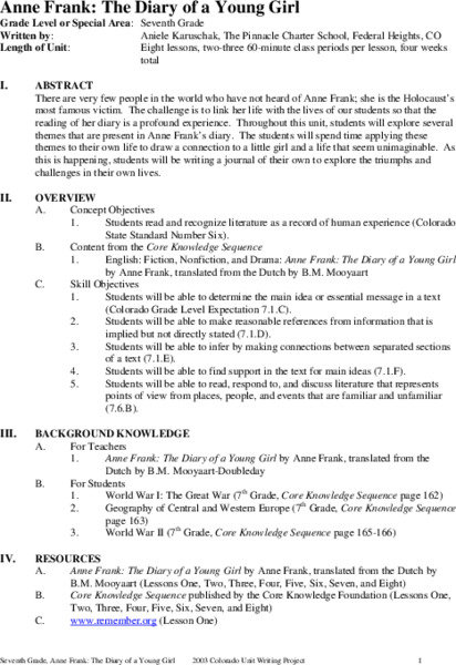 Anne Frank: The Diary of a Young Girl Unit Plan
