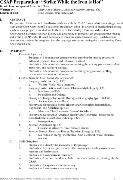 CSAP Preparation: "Strike While the Iron is Hot" Unit Plan
