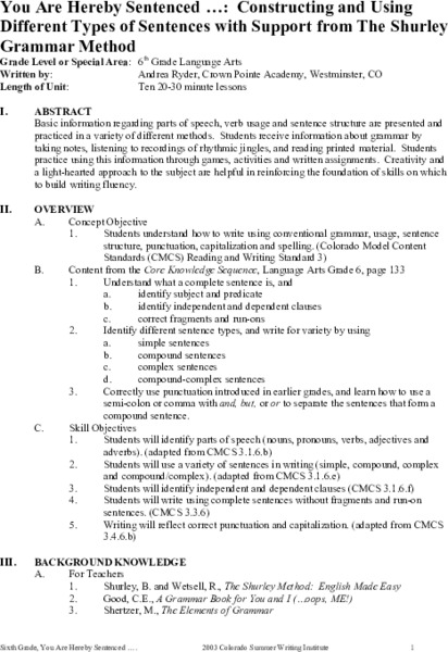 Constructing and Using Different Types of Sentences with Support from The Shurley Grammar Method Unit Plan