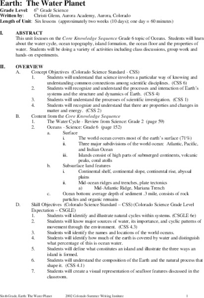 Earth: The Water Planet Unit Plan