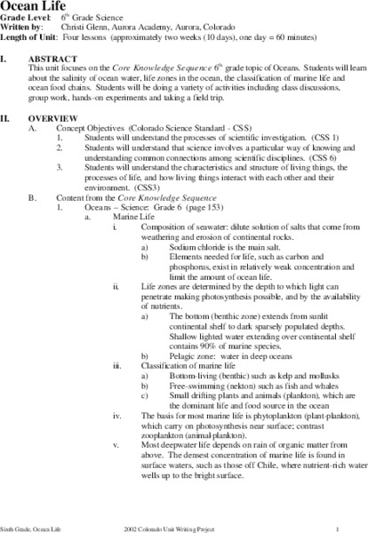 Ocean Life Unit Plan