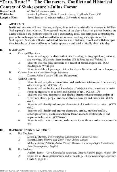 "Et tu, Brute?" - The Characters, Conflict and Historical context of Shakespeare's Julius Caesar Unit Plan