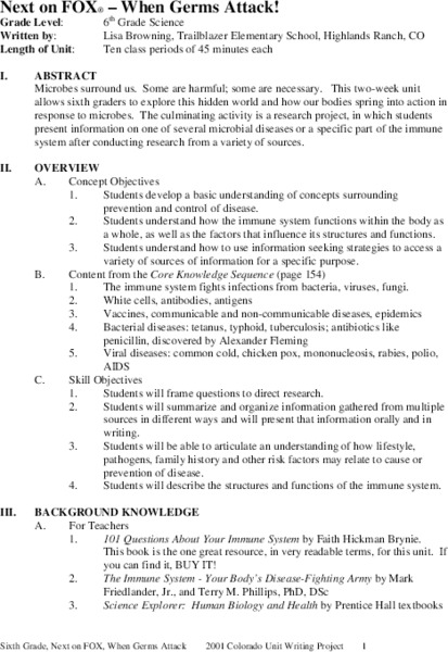 When Germs Attack! Unit Plan