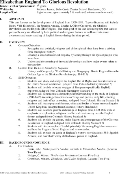 Elizabethan England To Glorious Revolution Unit Plan