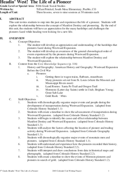 Headin' West! The Life of a Pioneer Unit Plan