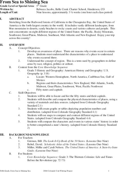 From Sea to Shining Sea Unit Plan