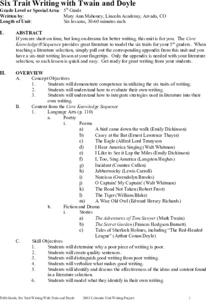 Six Trait Writing with Twain and Doyle Unit Plan