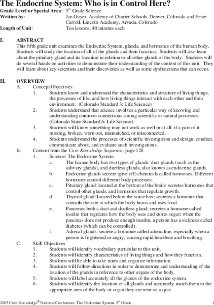 The Endocrine System: Who Is In Control Here? Unit Plan