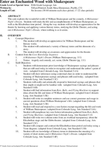 Enter an Enchanged Wood with Shakespeare Unit Plan