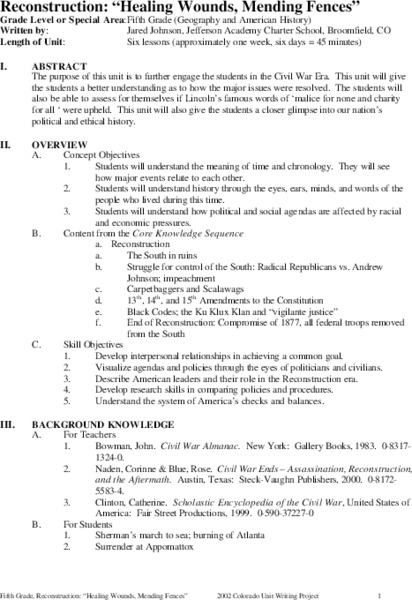 Reconstruction: "Healing Wounds, Mending Fences" Unit Plan