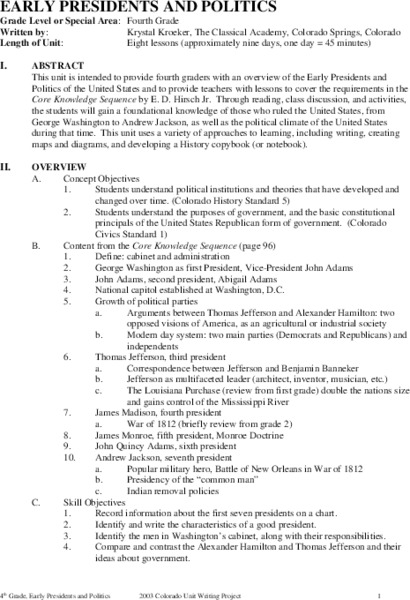 Early Presidents and Politics Unit Plan