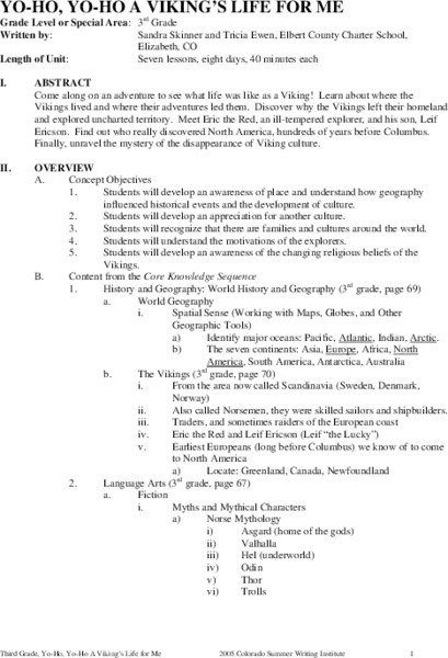 Yo-ho, Yo-ho a Viking's Life for Me Unit Plan