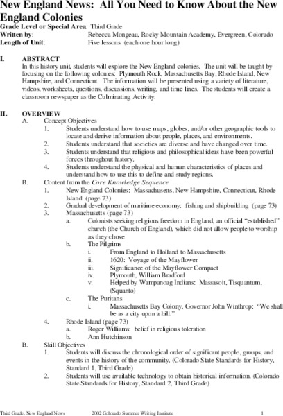 New England News: All You Need to Know About the New England Colonies Unit Plan