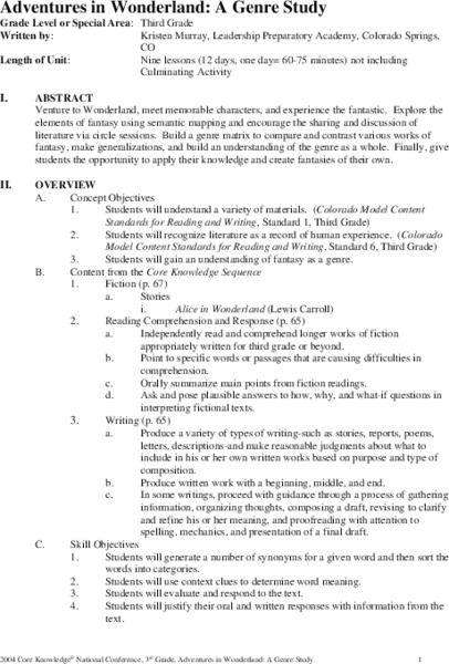 Adventures in Wonderland: A Genre Study Unit Plan