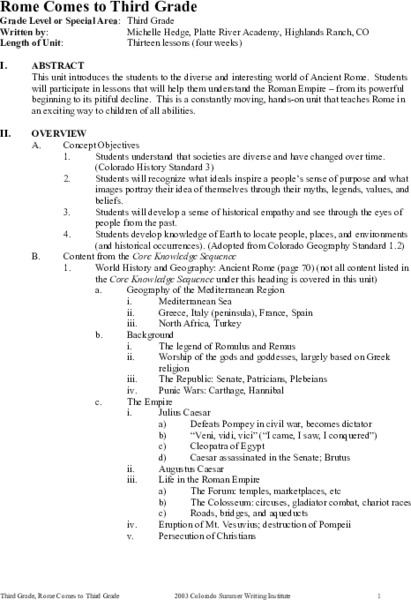 Rome Comes to Third Grade Unit Plan