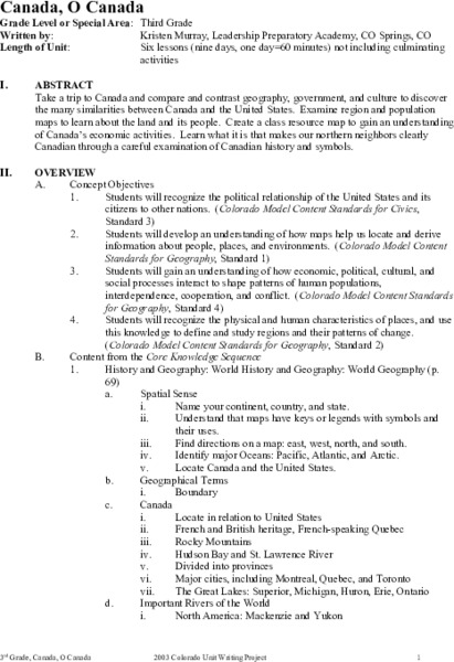 Canada, O Canada Unit Plan