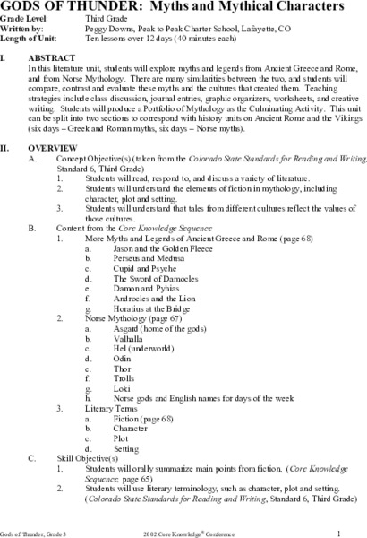 GODS OF THUNDER: Myths and Mythical Characters Unit Plan