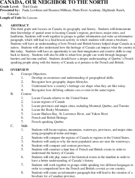 Canada, Our Neighbor to the North Unit Plan