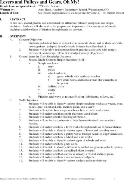 Levers and Pulleys and Gears, Oh My! Unit Plan