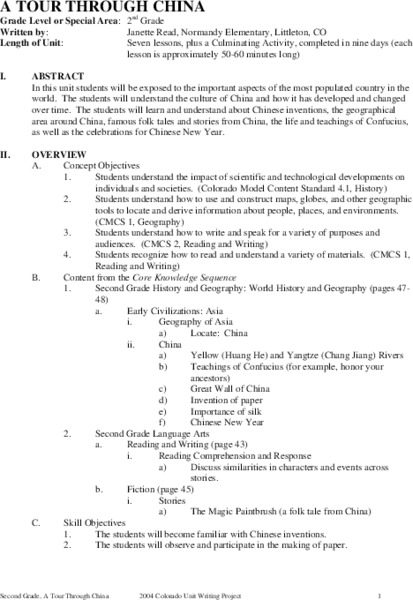 A Tour Through China Unit Plan