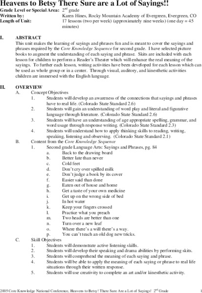 Heavens to Betsy There Sure are a Lot of Sayings!! Unit Plan