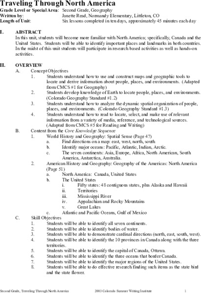 Traveling Through North America Unit Plan
