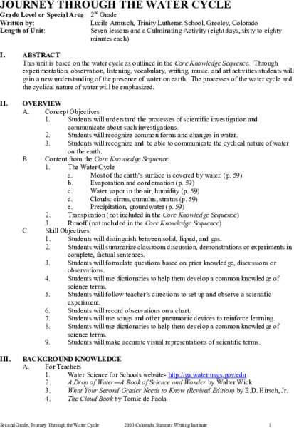 Journey Through the Water Cycle Unit Plan