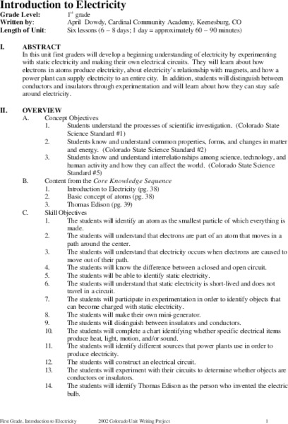 Introduction to Electricity Unit Plan
