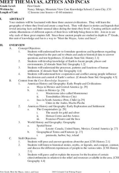 Meet the Mayas, Aztecs and Incas Unit Plan