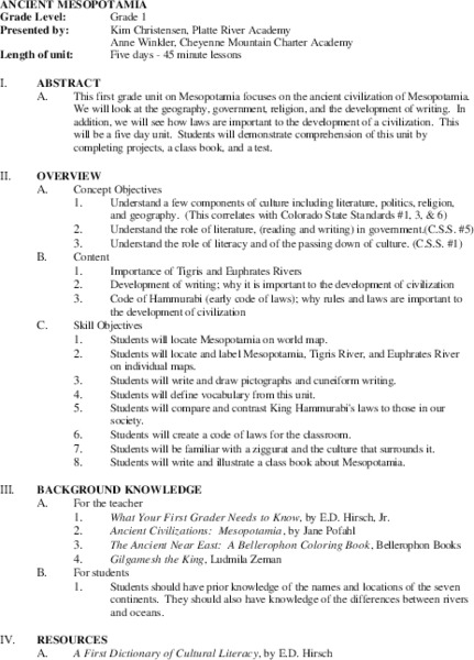 Ancient Mesopotamia Unit Plan