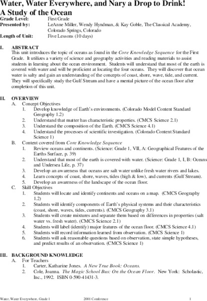 Water, Water Everywhere, and Nary a Drop to Drink! Unit Plan