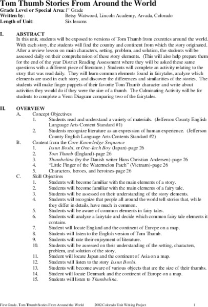 Tom Thumb Stories From Around the World Unit Plan