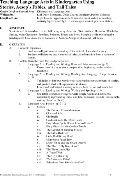 Teaching Language Arts in Kindergarten Using Stories, Aesop's Fables, and Tall Tales Unit Plan