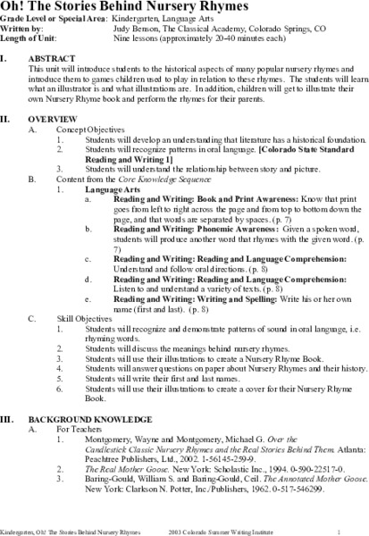 Oh! The Stories Behind Nursery Rhymes Unit Plan