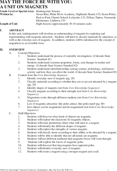 May the Force Be With You: A Unit on Magnets Unit Plan