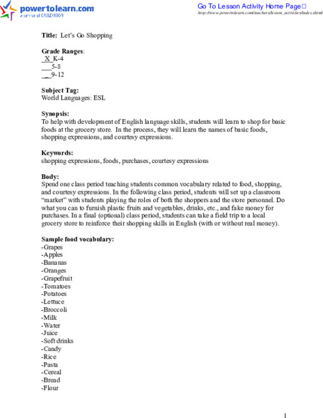 Let's Go Shopping Lesson Plan