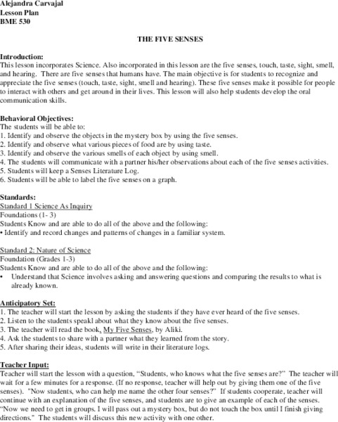 The Five Senses Lesson Plan