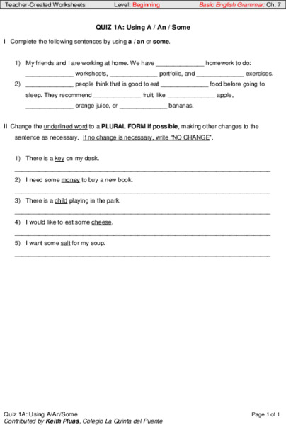 Quiz 1A: Using A/An/Some Worksheet