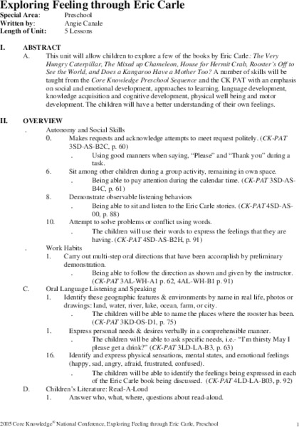 Exploring Feeling Through Eric Carle Unit Plan