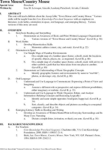 Town Mouse/  Country Mouse Unit Plan