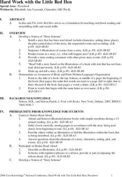 Hard Word with the Little Red Hen Unit Plan